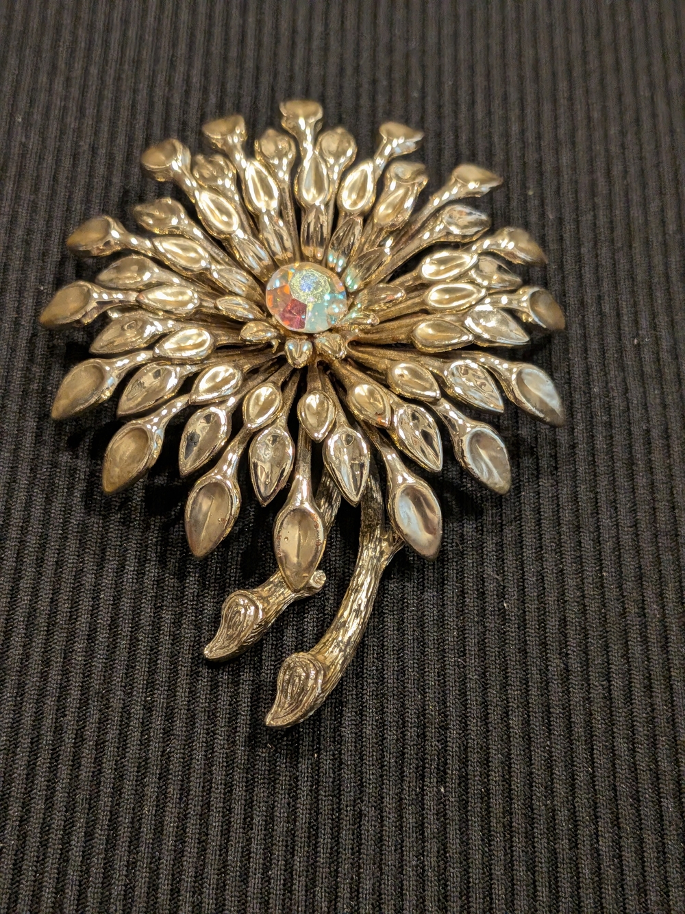 Vintage Mid - CentGold Tone Floral Burst Brooch with Aurora Boret Crystal Center